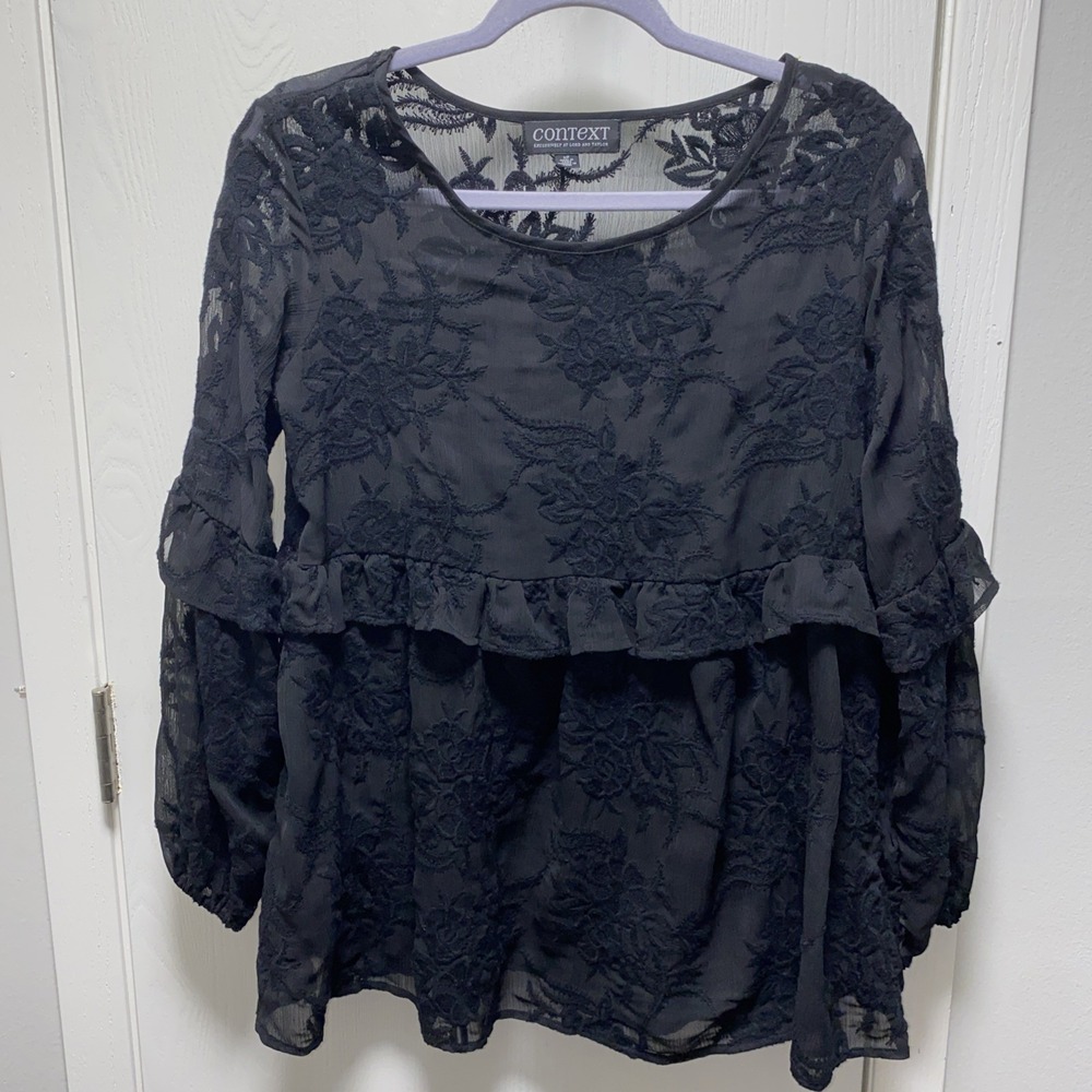 Context Lord & Taylor Black Sheer Lace Peplum Blouse Women's S Romantic Floral